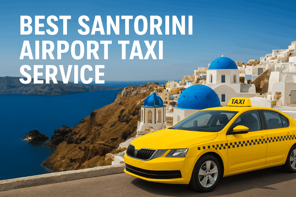 “Santorini airport taxi service with yellow cab and Oia blue-domed buildings in the background”