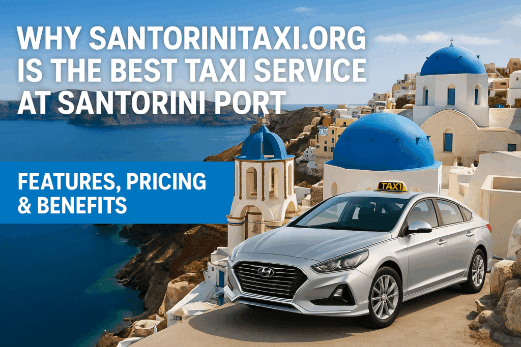 Santorini taxi parked near the blue-domed churches in Oia with Aegean Sea view – best taxi service at Santorini port.