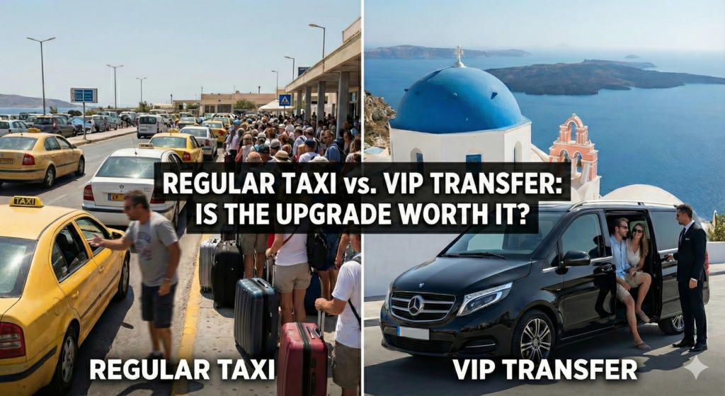 Comparison of crowded regular taxi queue vs luxury Santorini VIP transfer service with Mercedes V-Class