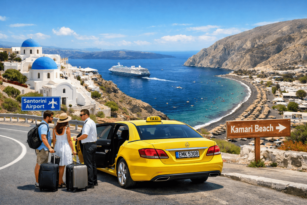 Santorini Taxi Service from Airport to Hotel & Taxi to Kamari Beach – Complete Travel Guide