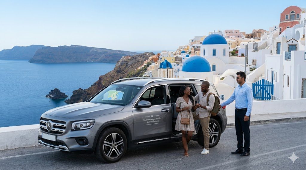 Private luxury car transfer and taxi in Santorini with professional chauffeur for airport pickup
