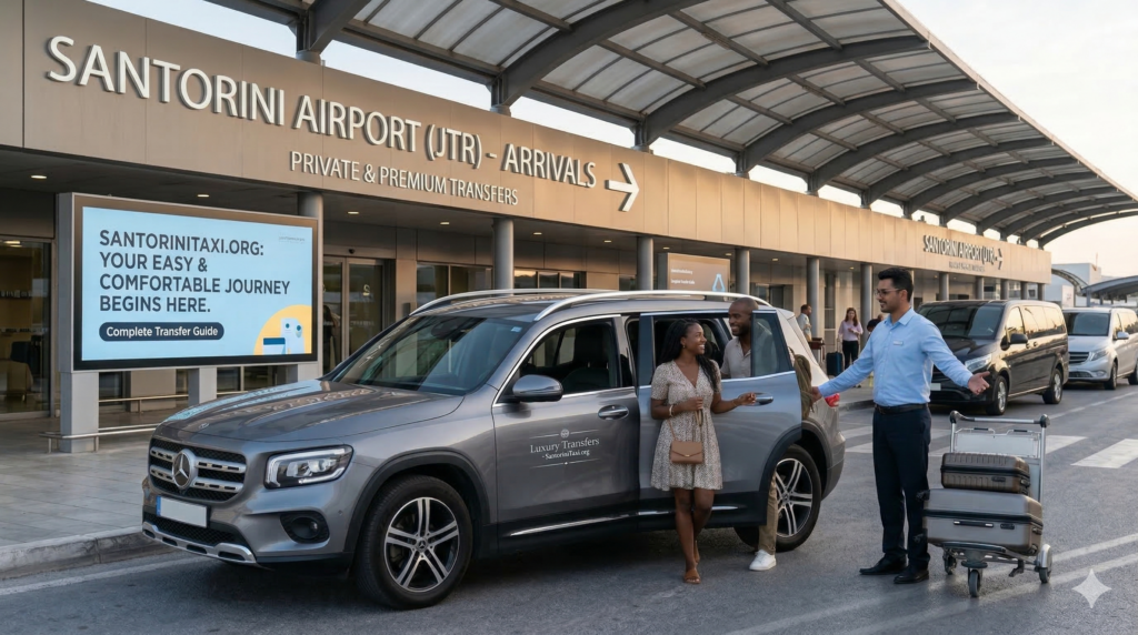 Private Santorini Airport Transfer guide with a premium silver SUV and professional driver at JTR arrivals terminal