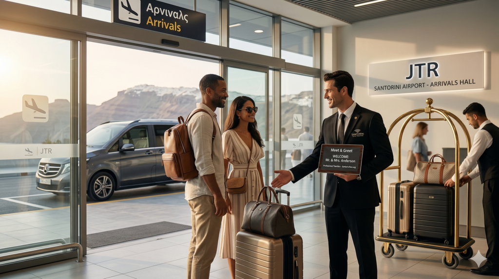 Professional driver providing premium transfers from Santorini Airport for arriving tourists.