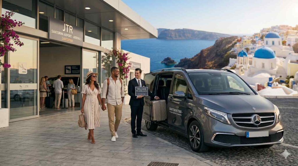 A professional chauffeur greeting a couple for premium Santorini airport transfers at the JTR arrivals terminal.