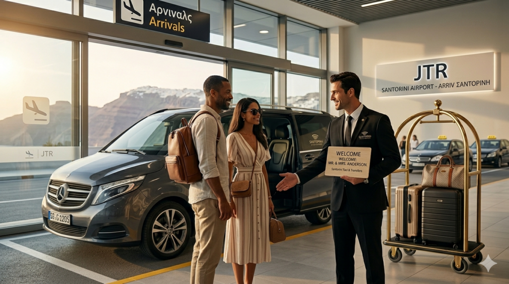 A professional chauffeur greeting arriving passengers at JTR terminal for premium Santorini airport transfers in a luxury Mercedes minivan.