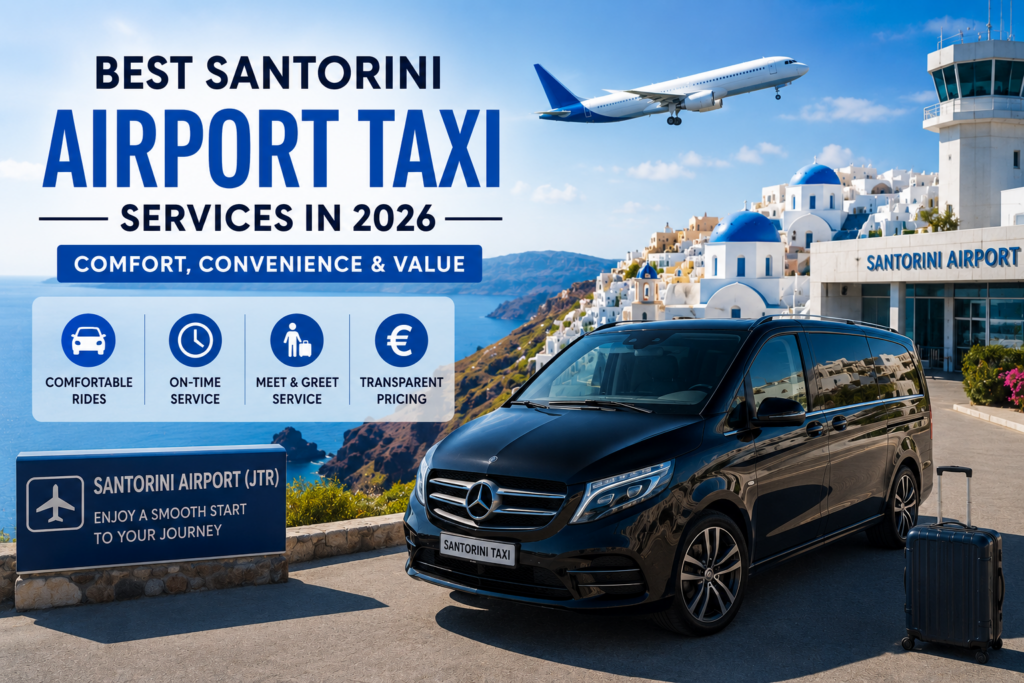 Luxury Santorini Airport Taxi service with Mercedes van near Santorini Airport and iconic white buildings in Santorini, Greece.