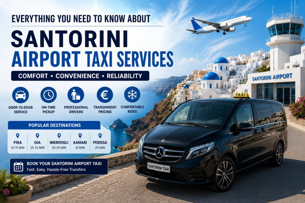 Luxury Santorini Airport Taxi service near Santorini Airport with modern transfer vehicle and iconic Santorini cliffside views.